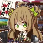  7:08 brown_hair chibi choker dog_tags double_bun game_console gamecube gamecube_controller girls_frontline green_eyes hair_ornament handheld_game_console highres holding_handheld_game_console monitor playstation_3 playstation_portable rfb_(girls_frontline) stuffed_animal stuffed_toy switch teddy_bear tongue tongue_out wii 
