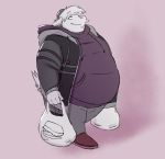  anthro bag belly big_belly bovid caprine clothed clothing fattydragonite fur goat hi_res holding_bag holding_object hoodie horn male mammal moobs overweight overweight_male smile solo topwear walking white_fur 