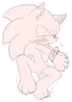  after_sex anthro belt blush bodily_fluids bound_wrists claws cum cum_on_leg eulipotyphlan genital_fluids hedgehog male mammal paws pink_theme shaking sikai simple_background solo sonic_(series) sonic_the_hedgehog spread_legs spreading sweat sweatdrop tears white_background 