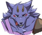  anthro bathym black_nose canid canine canis demon facial_markings fur head_markings hi_res horn mammal markings purple_fur simple_background toimo_2610 tokyo_afterschool_summoners tongue tongue_out video_games white_background wolf 