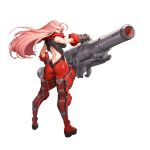  1girl ahoge ass at-100_beast_hunter back_cutout full_body fur_trim gauntlets highres huge_weapon last_origin long_hair looking_at_viewer looking_back pink_hair solo transparent_background weapon yellow_eyes 