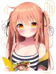  ... 1girl blush book breasts casual cleavage closed_mouth collarbone commentary_request hair_between_eyes hair_ornament hairclip jacket long_hair looking_back medium_breasts orange_hair original sasahara_wakaba shirt simple_background solo t-shirt twintails white_background yellow_eyes 