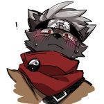  accessory anthro blush brown_fur canid canine canis clothed clothing domestic_dog fur hair headband hi_res male mammal red_eyes scar simple_background solo tadatomo toimo_2610 tokyo_afterschool_summoners video_games white_background 