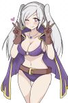  1girl absurdres belt bikini breasts cleavage closed_mouth fire_emblem fire_emblem_awakening fire_emblem_heroes heart heart-shaped_pupils highres jewelry large_breasts necklace o-ring o-ring_bikini one_eye_closed robin_(fire_emblem) robin_(fire_emblem)_(female) simple_background smile solo swimsuit symbol-shaped_pupils twintails user_csvj8884 white_background white_hair 