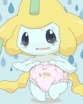  2016 absurd_res blue_eyes blush bodily_fluids diaper hand_on_diaper hi_res jirachi legendary_pok&eacute;mon nintendo open_mouth pok&eacute;mon pok&eacute;mon_(species) shaking standing tears video_games wadorigi white_skin 