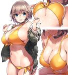  1girl bangs bikini blue_eyes blush breasts brown_hair choker cleavage eyebrows_visible_through_hair front-tie_top hands_up highres jacket large_breasts looking_at_viewer multiple_views navel open_clothes open_jacket open_mouth original shimazu_tekkou short_hair side-tie_bikini simple_background solo swimsuit white_background yellow_bikini 