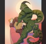  2019 anthro anthro_on_anthro anthro_penetrated anthro_penetrating backsack balls bodily_fluids cum cum_in_ass cum_inside digital_media_(artwork) dragon genital_fluids green_skin hi_res horn javkiller male male/male male_penetrated male_penetrating mammal muscular muscular_male open_mouth penetration penis teeth tongue 