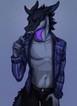  2019 4_fingers anthro bedroom_eyes black_hair black_sclera black_skin blue_background bottomwear button-up ciaran_amari claws clothed clothing countershade_tail countershade_torso countershading dewlap_(anatomy) dragon fingers flannel front_view gradient_background grey_countershading grey_skin hair half-closed_eyes hand_on_leg hi_res horn idoodle2draw inviting jeans looking_at_viewer male mane manly overshirt pants plaid portrait pose purple_eyes scalie seductive sharp_teeth shirt signature simple_background smile smirk solo spikes standing teasing teeth topwear 
