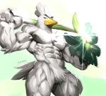  2019 abs anthro avian beak biceps big_muscles bird eyebrows feather_tuft feathers food head_tuft hi_res holding_object kuroma male muscular nintendo pecs plant pok&eacute;mon pok&eacute;mon_(species) quads simple_background sirfetch&#039;d smile solo tuft vegetable video_games white_feathers yellow_beak 
