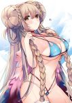  1girl ahoge alternate_costume azur_lane bangs bikini blonde_hair blue_bikini blush braid breasts choker cleavage cowboy_shot double_bun feather_boa formidable_(azur_lane) formidable_(the_lady_of_the_beach)_(azur_lane) holding holding_hair large_breasts long_hair looking_at_viewer navel red_eyes ribbon ry_thae shiny shiny_skin sidelocks single_thighhigh solo swimsuit thighhighs very_long_hair wet white_legwear 