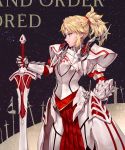  1girl armor armored_dress blonde_hair braid breasts commentary_request fate/grand_order fate_(series) from_side green_eyes hair_ornament hair_scrunchie highres holding holding_sword holding_weapon long_hair mordred_(fate) mordred_(fate)_(all) ozma ponytail red_scrunchie scrunchie smile solo sword weapon 