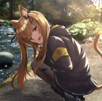  1girl akabane_hibame animal_ears bangs black_legwear blush breasts brown_eyes brown_hair cat_ears cat_tail day eyebrows_visible_through_hair fingerless_gloves girls_frontline gloves hair_between_eyes hair_ornament hairclip highres jacket long_hair looking_at_viewer open_mouth outdoors pantyhose ribbon scar scar_across_eye skirt smile squatting tail twintails ump9_(girls_frontline) 