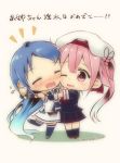  2girls artist_name bangs beret black_serafuku blue_hair blush chibi closed_eyes commentary_request cup elbow_gloves flower gloves hair_flower hair_ornament harusame_(kantai_collection) hat holding holding_cup hug kantai_collection leg_up long_hair mae_(maesanpicture) multiple_girls notice_lines one_eye_closed open_mouth pink_hair sailor_collar samidare_(kantai_collection) school_uniform serafuku shirt short_sleeves side_ponytail sleeveless sleeveless_shirt swept_bangs thighhighs translation_request very_long_hair white_serafuku zettai_ryouiki 