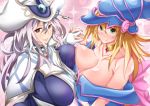  2girls asymmetrical_docking bare_shoulders black_eyes blonde_hair blush blush_stickers bodysuit breast_press breasts capelet choker cleavage closed_mouth collarbone dark_magician_girl duel_monster green_eyes hair_between_eyes hat highres holding_hands impossible_bodysuit impossible_clothes interlocked_fingers large_breasts long_hair looking_at_viewer multiple_girls pentacle silent_magician silver_hair smile tokihanatareshi upper_body wavy_hair wizard_hat yuu-gi-ou 