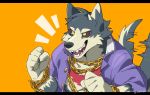  5_fingers anthro black_nose black_sclera canid canine canis clothed clothing domestic_dog fingers fur garmr grey_fur hi_res humanoid_hands male mammal open_mouth open_shirt orange_background red_fur simple_background solo tan_fur three_tone_fur toimo_2610 tokyo_afterschool_summoners tongue two_tone_tail video_games yellow_eyes 