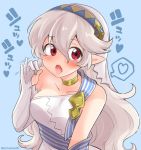  1girl blue_background choker corrin_(fire_emblem) corrin_(fire_emblem)_(female) dress elbow_gloves eromame fellatio_gesture fire_emblem fire_emblem_fates fire_emblem_heroes gloves long_hair manakete open_mouth pointy_ears red_eyes simple_background solo twitter_username upper_body veil white_dress white_gloves white_hair 