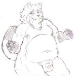  2019 anthro balls belly canid canine flaccid humanoid_hands male mammal moobs navel nipples overweight overweight_male penis raccoon_dog sakusan_kc simple_background solo tanuki tenugui 