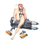  1girl ahoge areola_slip areolae at-100_beast_hunter bare_legs barefoot feet footwear_removed full_body gloves gloves_removed goggles goggles_on_head highleg highleg_swimsuit highres last_origin long_hair looking_at_viewer one-piece_swimsuit one_eye_closed pink_hair rebreather solo swimsuit torpedo torpedo_launcher transparent_background wet yellow_eyes 