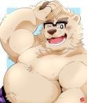  2019 absurd_res anthro belly blush bodily_fluids bulge clothing eyewear glasses hi_res kamui_shirow male mammal moobs navel nipples one_eye_closed overweight overweight_male simple_background solo sweat teeth tongue underwear ursid wink 