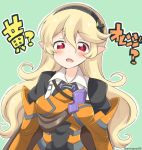  1girl alternate_color armor black_hairband blonde_hair corrin_(fire_emblem) corrin_(fire_emblem)_(female) eromame fire_emblem fire_emblem_fates green_background hairband heart heart-shaped_pupils long_hair manakete open_mouth pointy_ears red_eyes simple_background solo symbol-shaped_pupils twitter_username upper_body 