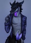  2019 4_fingers animal_genitalia animal_penis anthro bedroom_eyes black_hair black_sclera black_skin blue_background bottomwear button-up ciaran_amari claws clothed clothing countershade_tail countershade_torso countershading dewlap_(anatomy) diphallism dragon erection fingers flannel front_view genital_slit gradient_background grey_countershading grey_skin hair half-closed_eyes hand_on_leg hemipenes hi_res horizontal_diphallism horn idoodle2draw inviting jeans looking_at_viewer male mane manly multi_penis overshirt pants penis penis_through_fly pinup plaid poking_out portrait pose presenting presenting_penis purple_eyes purple_penis scalie seductive sharp_teeth shirt signature simple_background slit smile smirk solo spikes standing tapering_penis teasing teeth topwear unbuttoned underwear undressing unzipped 