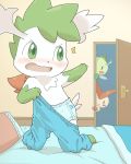  2017 anthro bed bedding blanket blush bottomwear caught celebi clothed clothing covering diaper door door_handle embarrassed green_eyes hi_res inside legendary_pok&eacute;mon looking_back nintendo on_bed open_door open_mouth pillow pok&eacute;mon pok&eacute;mon_(species) shaymin shaymin_(sky_form) victini video_games wadorigi 