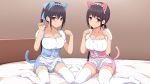  2girls animal_ears apron black_hair blue_skirt blue_vest blush breasts brown_eyes cat_tail cleavage collarbone commentary_request cosplay fake_animal_ears hair_between_eyes hair_ribbon indoors large_breasts low_twintails maid maid_headdress multiple_girls on_bed original paw_pose pink_skirt pink_vest ponytail ribbon shii_(eve) short_hair sitting sitting_on_bed skirt smile tail thighhighs twintails vest waist_apron wariza white_legwear 