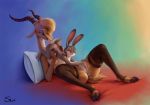  2019 antelope anthro blush bovid clothing disney duo eyes_closed female female/female gazelle gazelle_(zootopia) hi_res hooves horn judy_hopps lagomorph legwear leporid lying mammal pillow pussy rabbit s1m size_difference stockings zootopia 