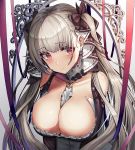 1girl azur_lane bare_shoulders between_breasts black_bow black_dress bow breasts cleavage closed_mouth collarbone dakunesu detached_collar dress earrings formidable_(azur_lane) frilled_dress frills gradient gradient_background hair_bow highres jewelry large_breasts long_hair long_sleeves looking_at_viewer red_eyes red_ribbon ribbon silver_hair solo twintails upper_body 