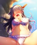  1girl alternate_costume bangs bikini bikini_aside black_hair blue_sky blurry blurry_background blush breasts closed_eyes cowgirl_position day eyebrows_visible_through_hair girl_on_top haruna_(kantai_collection) highres implied_sex kantai_collection large_breasts long_hair navel open_mouth outdoors saliva sky solo solo_focus spread_legs straddling swimsuit thighs tongue tsukui_kachou wet white_bikini 