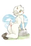  anthro anus bovid butt caprine fur goat hair hituka hooves horn leaning leaning_forward looking_back male mammal nude rear_view rock smile solo white_fur white_hair yellow_eyes young 