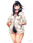  1girl absurdres bangs black_hair black_skirt blue_eyes blush bow bowtie breasts buttons closed_mouth collared_shirt condom condom_in_mouth hands_in_pockets hero_neisan highres long_hair long_sleeves looking_at_viewer medium_breasts miniskirt mouth_hold orange_scrunchie pleated_skirt pubic_hair red_neckwear school_uniform scrunchie shirt simple_background skirt smile solo ssss.gridman straight_hair sweater takarada_rikka thighs white_background white_shirt white_sweater wrist_scrunchie 