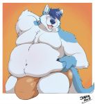  2018 anthro belly belly_grab big_belly big_bulge blue_fur blue_hair blue_nose blush border bulge canid canine canis claws clothed clothing digital_media_(artwork) fur green_eyes hair hi_res looking_at_viewer male mammal moobs mostly_nude multicolored_fur navel obese open_mouth overweight overweight_male signature skaifox smile solo standing tongue topless white_border white_fur wolf 