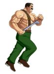  1boy abs black_hair brown_footwear clenched_hand clenched_teeth final_fight green_pants holding holding_pipe male_focus mike_haggar muscle nipples old_man pants pectorals pipe running shirtless simple_background solo standing suspenders taka_(takahirokun) teeth veins white_background 