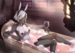  2019 alcohol anthro bathing bathtub beverage black_fur black_lips black_nails black_nipples black_nose breasts bubble colored_nails female fur grey_eyes hair hi_res hollandworks humanoid_face lagomorph lantern leporid lips looking_at_viewer lotusgarden mammal nails nipples nude odette_zephyr rabbit smile water white_fur white_hair wine 