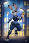  3_toes 4_fingers anthro breasts buckteeth building carrot_pen clothed clothing dipstick_ears disney dolphydolphiana female fingers fur grey_fur hi_res judy_hopps lagomorph leporid light mammal multicolored_ears open_mouth pink_nose police_uniform purple_eyes rabbit scut_tail smile solo street teeth toes uniform zootopia 