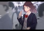  1girl bag blazer blue_eyes blue_nails bow bowtie brown_hair earbuds earphones english_text jacket long_hair looking_at_viewer mole mole_under_eye original parted_lips saitou_(lynx-shrike) school_bag school_uniform sleeves_past_wrists solo_focus 