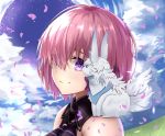  1girl absurdres bare_shoulders breasts cloud commentary_request eyebrows_visible_through_hair eyes_visible_through_hair face fate/grand_order fate_(series) fou_(fate/grand_order) hair_over_one_eye highres huge_filesize large_breasts lavender_hair leaf looking_at_viewer mash_kyrielight outdoors purple_eyes purple_hair short_hair smile sou_skate714 