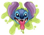  2019 acidic_saliva alien ashtoashesart blue_eyes blue_fur blue_nose bodily_fluids digital_media_(artwork) disembodied_head disney drooling experiment_(lilo_and_stitch) fur green_saliva head_tuft inner_ear_fluff lilo_and_stitch looking_at_viewer notched_ear open_mouth open_smile saliva simple_background smile solo stitch_(lilo_and_stitch) tongue tongue_out white_background 