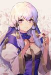  1girl bangs bare_shoulders blush breasts cleavage closed_eyes eyebrows_visible_through_hair fire_emblem fire_emblem:_three_houses floral_background flower hand_on_own_chest highres holding holding_flower long_hair long_sleeves looking_at_viewer lysithea_von_ordelia medium_breasts naso4 pink_hair purple_eyes sidelocks smile tassel tears upper_body veil wide_sleeves 