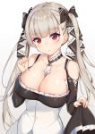  1girl azur_lane bare_shoulders between_breasts black_dress bow breasts cleavage closed_mouth collarbone detached_collar dress dress_lift formidable_(azur_lane) frilled_dress frills hair_bow hand_up large_breasts long_hair long_sleeves looking_at_viewer noboru_(kamine204136) red_eyes silver_hair simple_background solo twintails upper_body very_long_hair white_background 