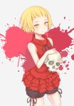  1girl bangs bare_shoulders black_ribbon blonde_hair blood blush commentary_request dress highres holding kizumonogatari looking_at_viewer monogatari_(series) n15e oshino_shinobu pointy_ears red_dress ribbon short_hair skull solo yellow_eyes 