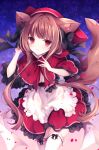  1girl animal_ears apron bangs black_bow blush bow brown_hair commentary_request dog_ears dog_tail dress hood hood_up kurumi_mashiro long_hair looking_at_viewer original red_bow red_dress red_eyes red_hood solo tail thighhighs white_apron white_legwear 