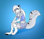  2019 aged_up anthro blue_eyes bottomwear chest_tuft clothing digitigrade felid female fur grey_fur hair hi_res keidran maeve_(twokinds) mammal pantherine pawpads ruth66 shorts simple_background smile snow_leopard solo spots spotted_fur tuft twokinds webcomic white_fur white_hair 