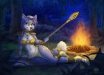  anthro blue_fur campfire canid canine clothing detailed_background dolphydolphiana eyelashes female fire fox fur green_eyes hair jewelry krystal loincloth lying mammal necklace night nintendo on_side outside smile solo staff star_fox tree video_games 