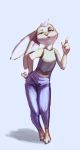  4_fingers anthro catelman clothed clothing derp_eyes female fingers hand_gesture hand_on_hip head_tuft lagomorph leporid mammal rabbit shadow simple_background solo 