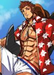  1boy abs alternate_costume bara beard blue_eyes brown_hair chest facial_hair fate/grand_order fate_(series) hat highres k_ei3k looking_at_viewer male_focus muscle napoleon_bonaparte_(fate/grand_order) open_clothes open_shirt pectorals scar shorts smile solo straw_hat summer upper_body 