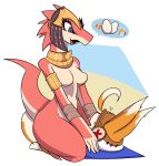  2019 absurd_res anthro armor blue_eyes breasts clothing dgenr dialogue difference digital_media_(artwork) drauk duo ever_oasis featureless_breasts female fur headgear hi_res lagora lizard male mammal miura nintendo non-mammal_breasts nude open_mouth reptile scalie simple_background size_difference smile sol_(ever_oasis) speech_bubble video_games white_background 