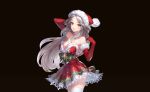  armpits arms_up bare_shoulders black_background breasts cleavage elbow_gloves forehead fur_trim gift_bow gloves hat highres king&#039;s_raid large_breasts lewisia_(king&#039;s_raid) long_hair looking_at_viewer official_art santa_costume santa_gloves santa_hat silver_hair smile thighhighs very_long_hair yellow_eyes 