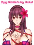  1girl alternate_costume bare_shoulders bikini blush bound bound_wrists breasts choker collarbone commentary_request english_text eyebrows_visible_through_hair fate/grand_order fate_(series) flower hair_flower hair_intakes hair_ornament hibiscus large_breasts lintanghaseo looking_at_viewer open_mouth pink_bikini purple_bikini purple_hair red_eyes red_ribbon ribbon scathach_(fate)_(all) scathach_(swimsuit_assassin)_(fate) simple_background solo swimsuit upper_body valentine white_background 